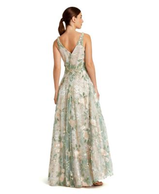 Women's Floral Embroidered Illusion V-Neck Gown