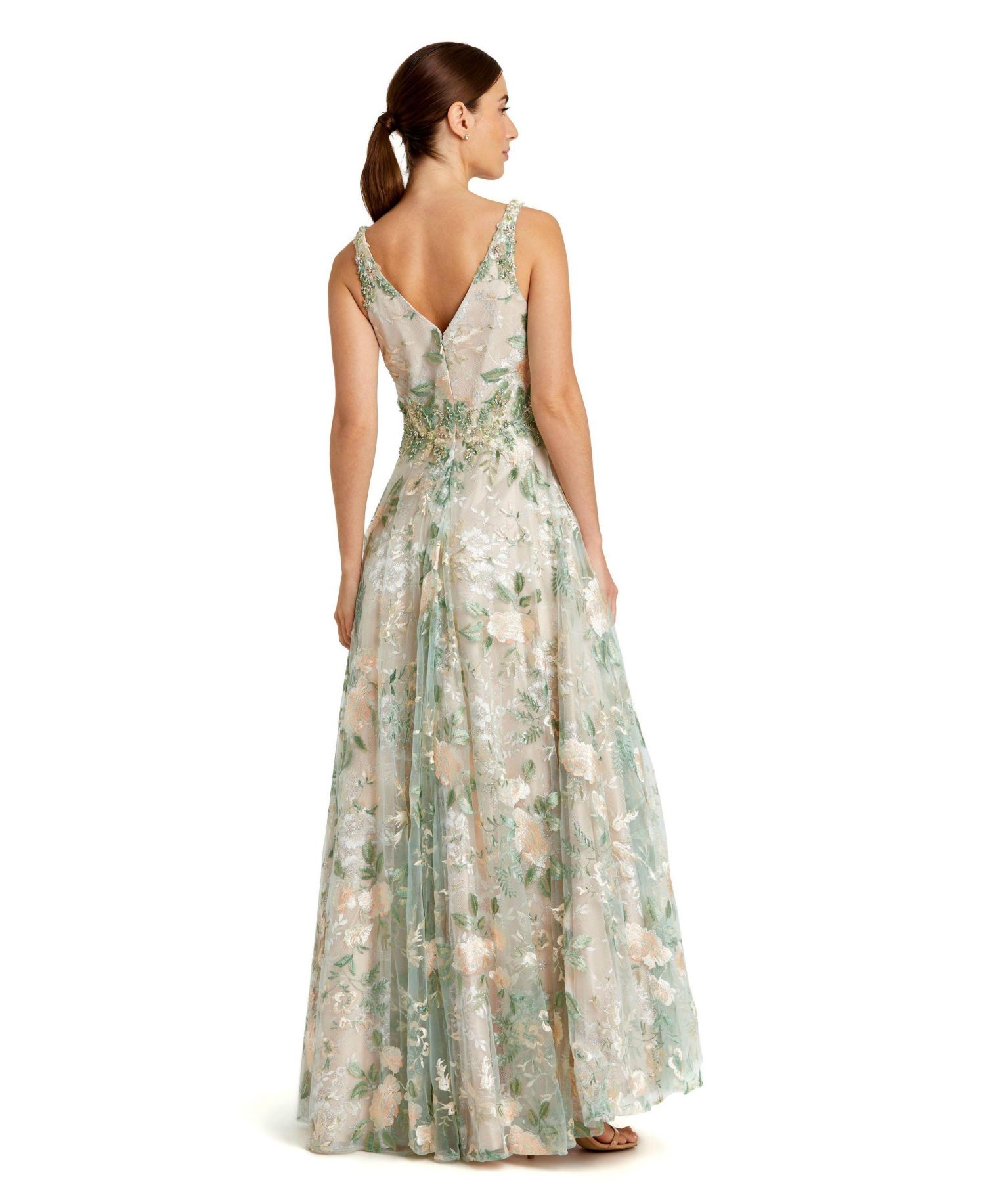 Women's Floral Embroidered Illusion V-Neck Gown