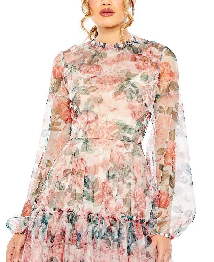 Women's Long Sleeve High Neck Long Balloon Sleeve Midi Dress - thumbnail 5