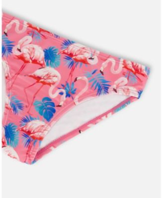Girls Printed Two-Piece Swimsuit With Frills Candy Pink And Pink Flamingo
