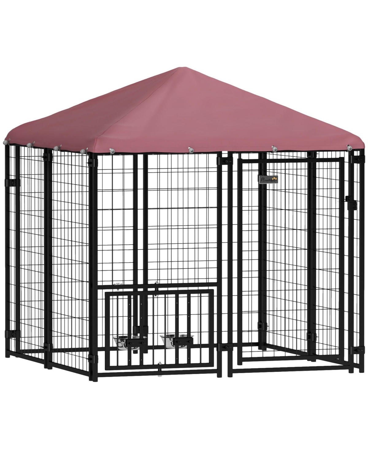 Outdoor Dog Kennel with Rotating & Adjustable Bowls, 4.6' x 4.6' x 5' - Red