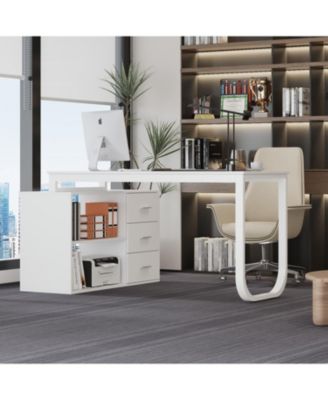 55.1 in. L-Shaped Brown Wood Computer Desk Writing Desk Office Executive Desk W/Removable Tabletop, Shelves, 3-Drawers