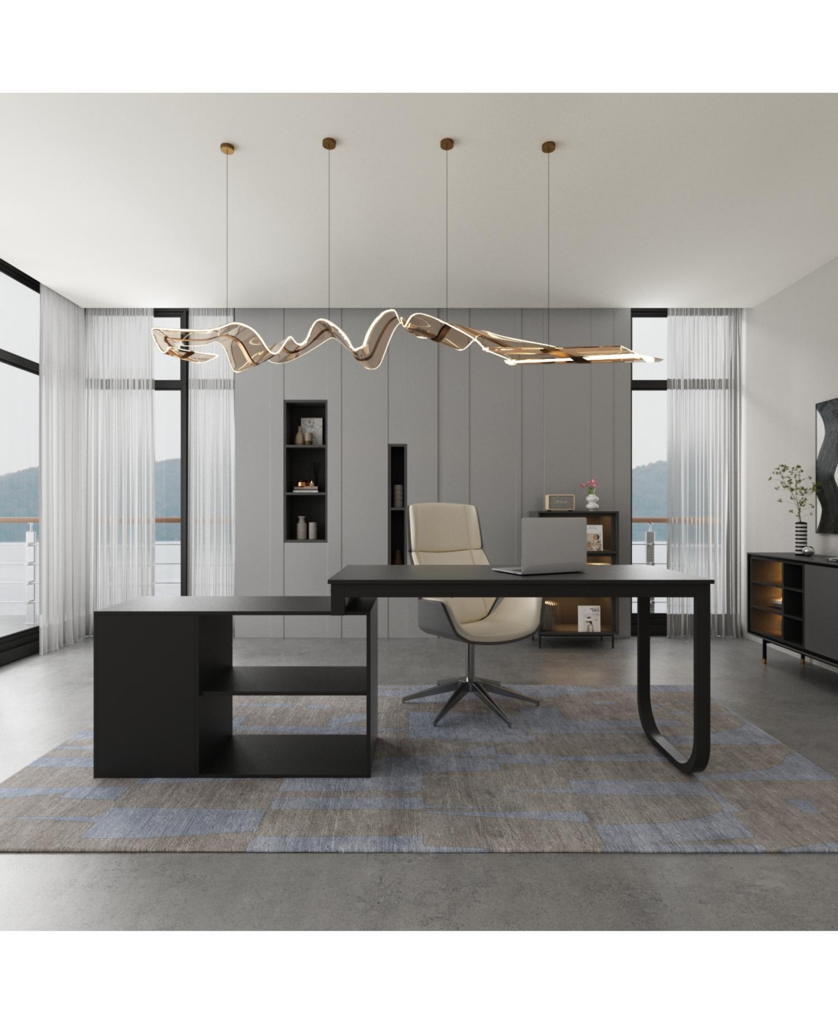 Famapy 55.1 in. L-Shaped Brown Wood Computer Desk Writing Office Executive W/Removable Tabletop, Shelves, 3-Drawers