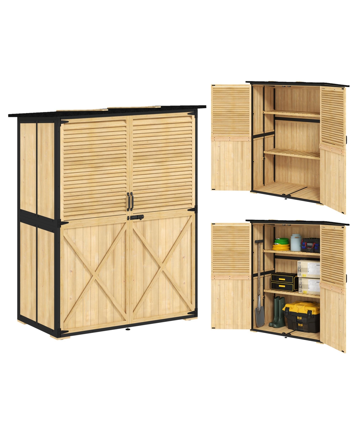 Outdoor Storage Cabinet, Wood Garden Shed with 2 Shelves, Natural - Natural wood