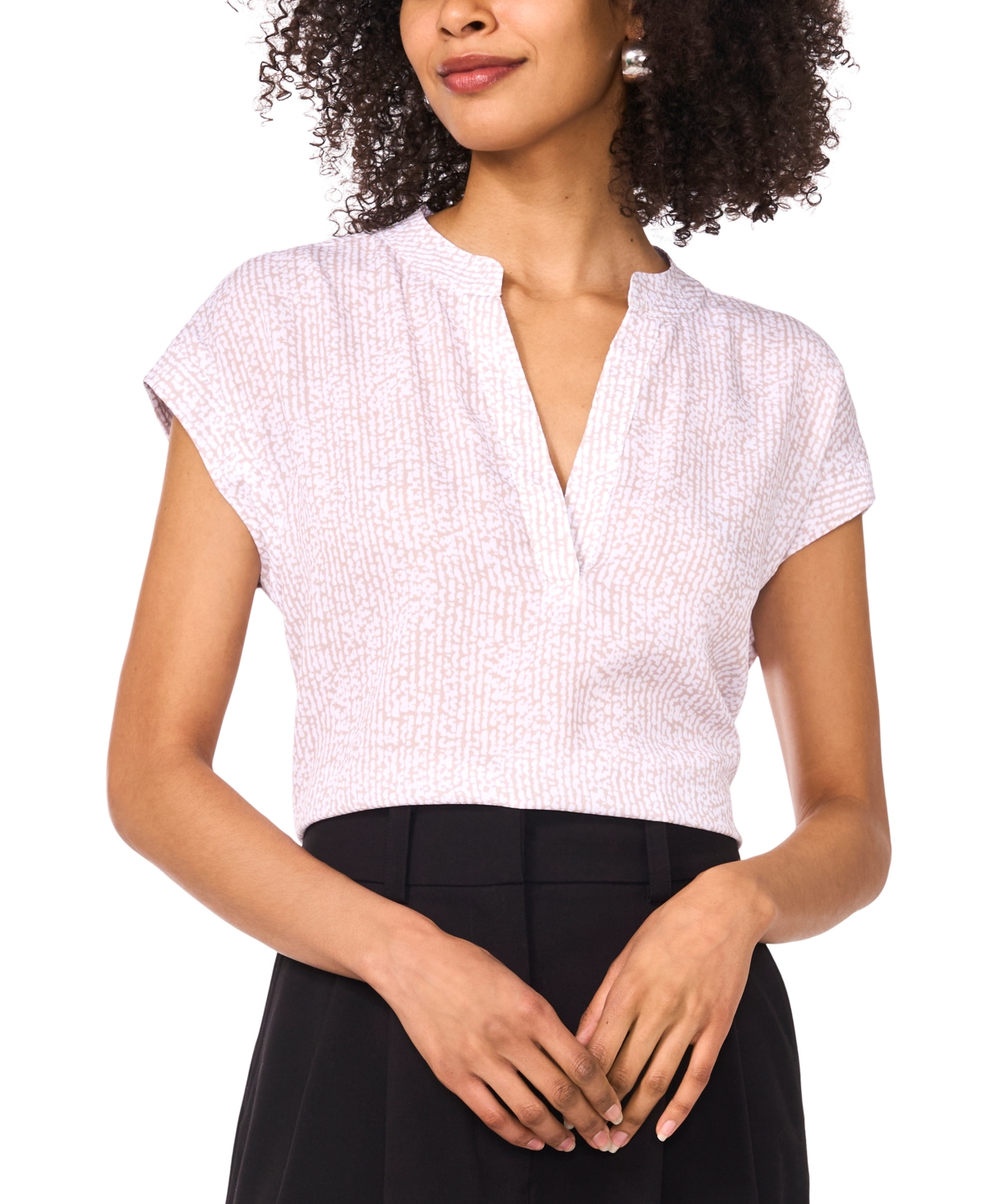 Women's Printed Split Neck Short-Sleeve Blouse - Natural Sand