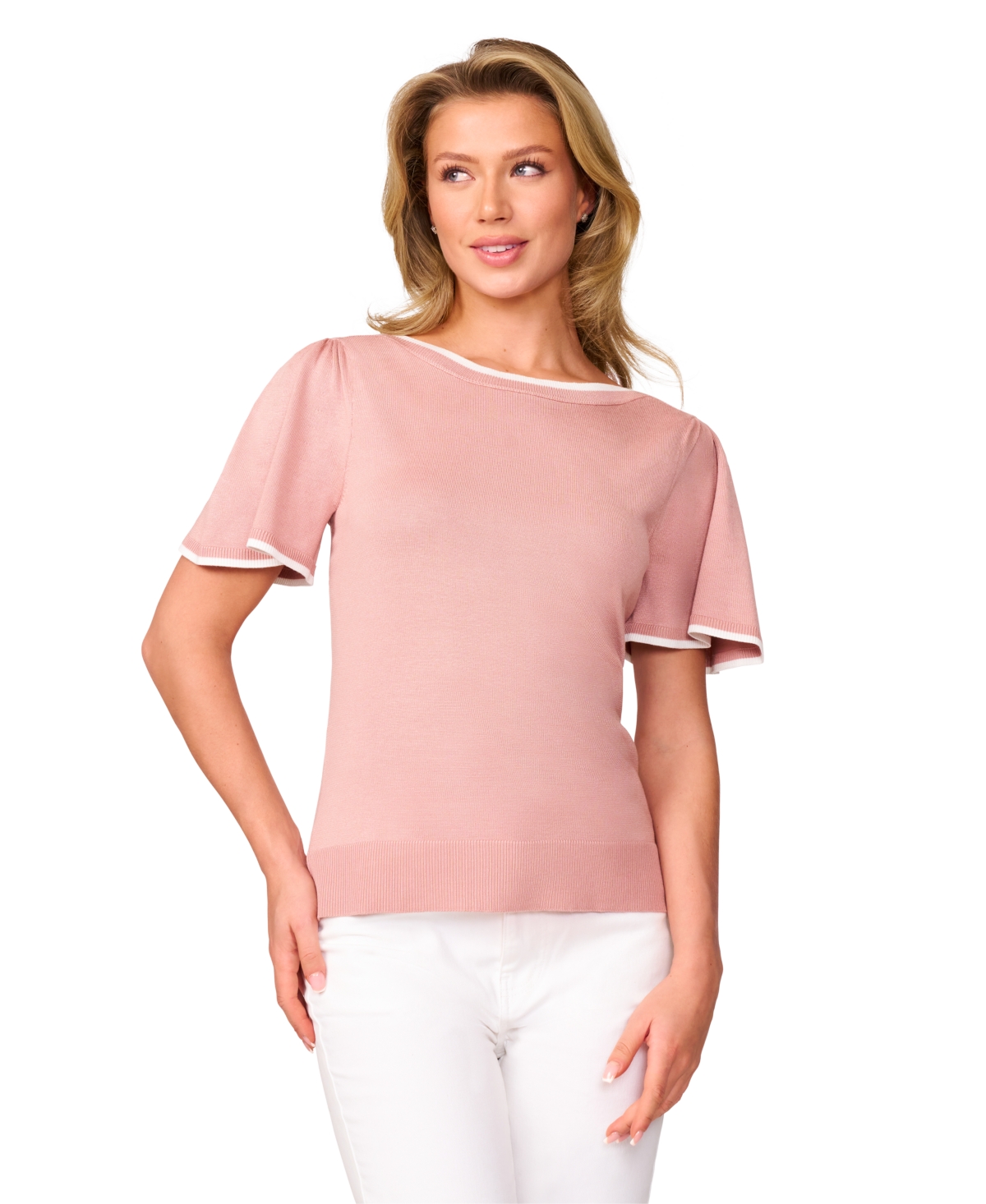 Petite Boat-Neck Flutter-Sleeve Sweater - Cashmere Blush
