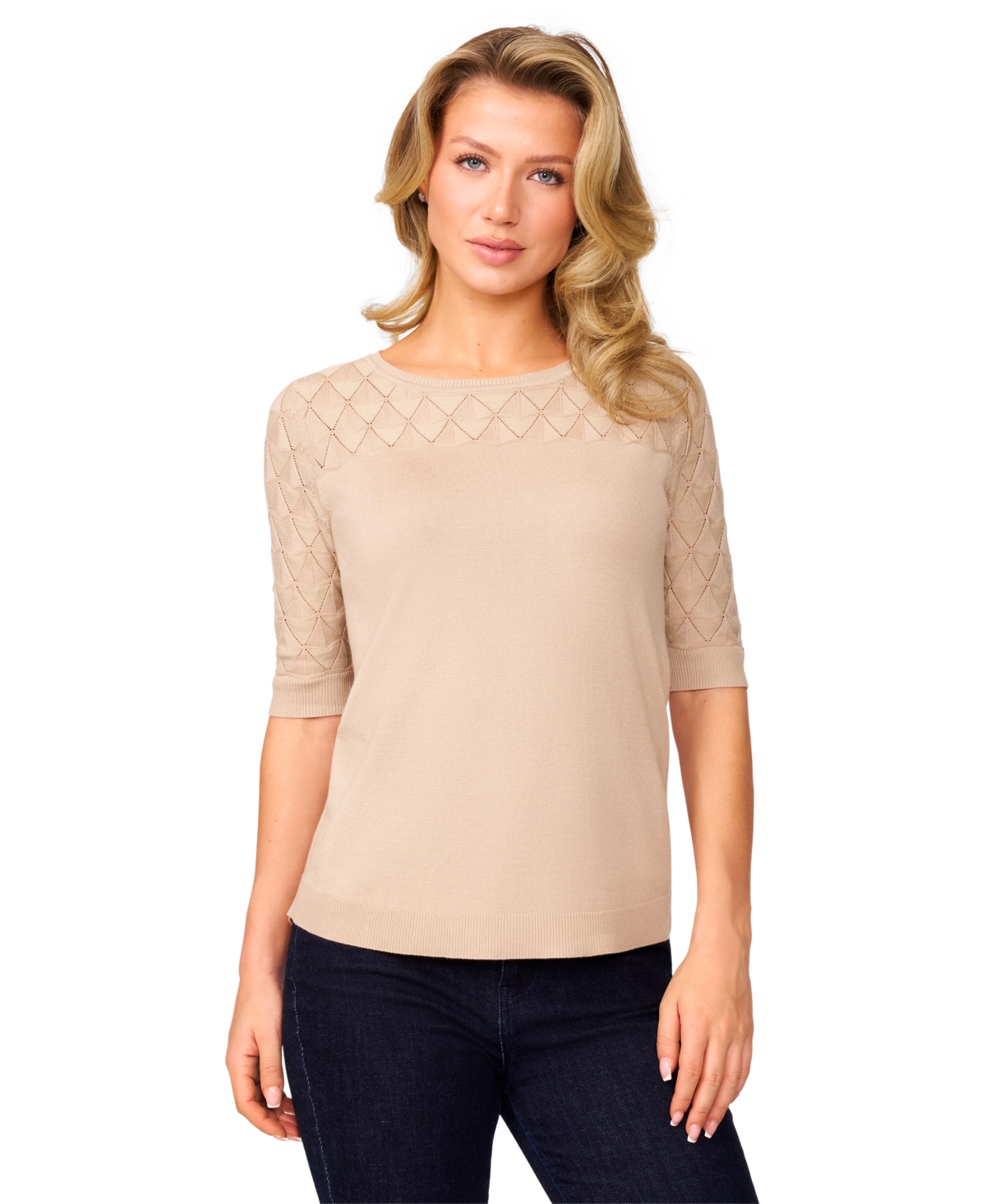 Women's Yoke Wave Stitch Elbow-Sleeve Sweater - Baroque Rose