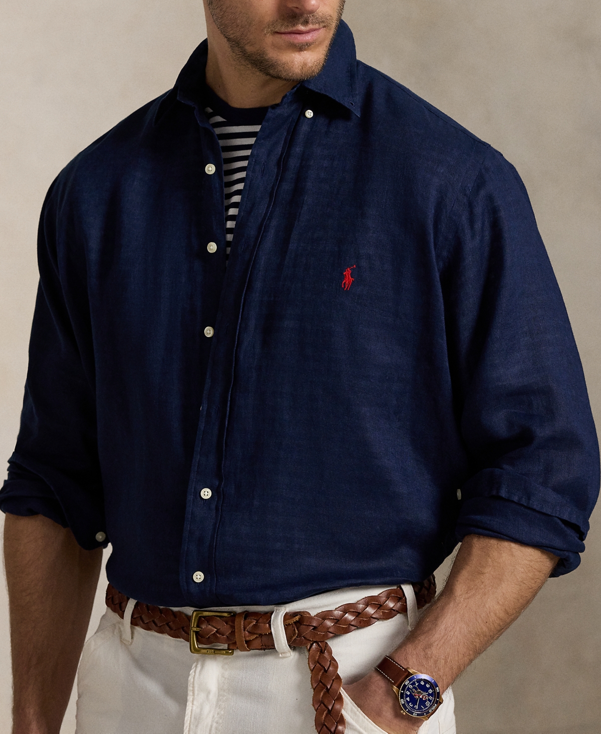 Polo Ralph Lauren Classic Fit Solid Navy Short Sleeve Linen Button-down Shirt In Blue