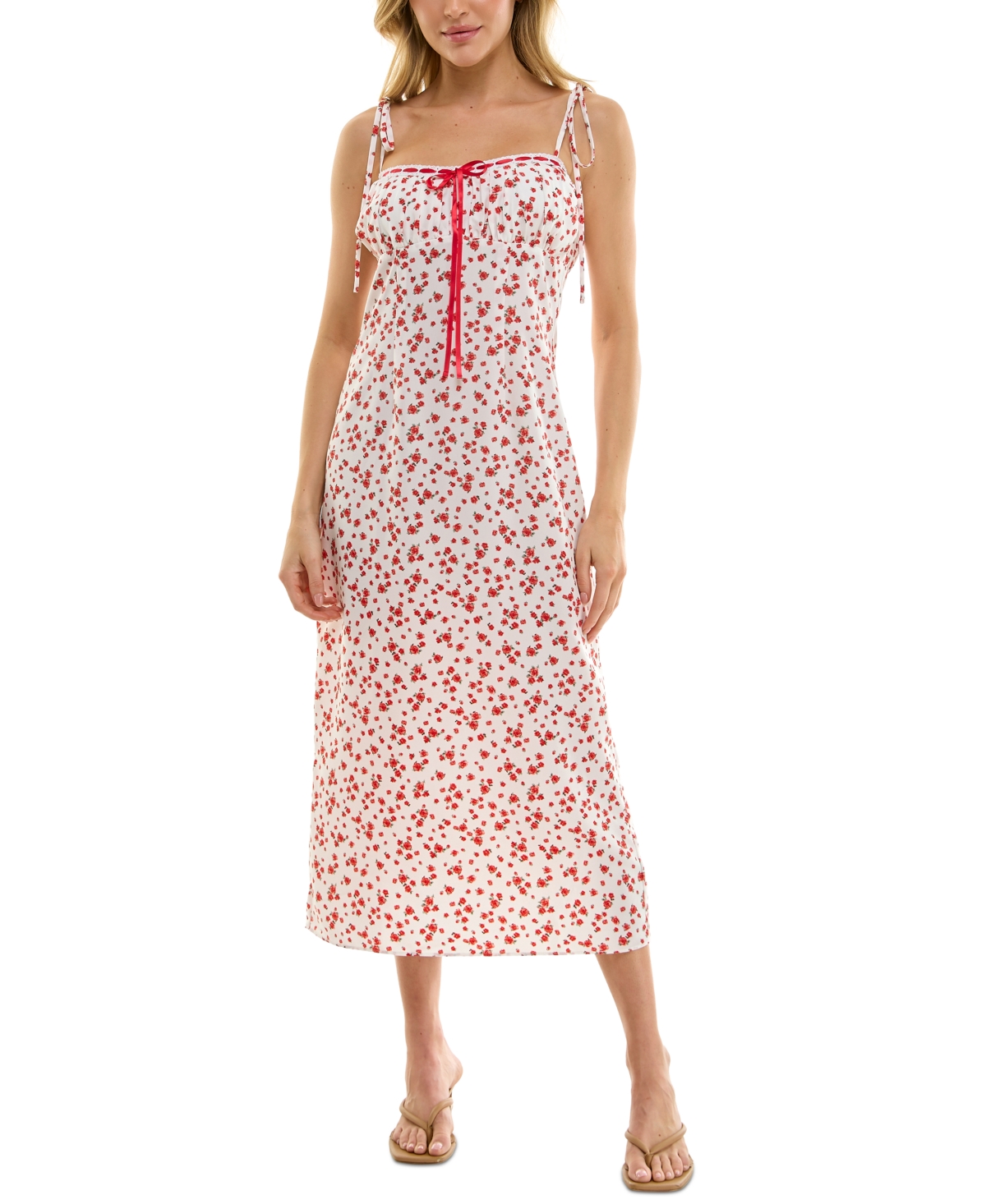 Juniors' Floral Shoulder-Tie Midi Slip Dress - Red