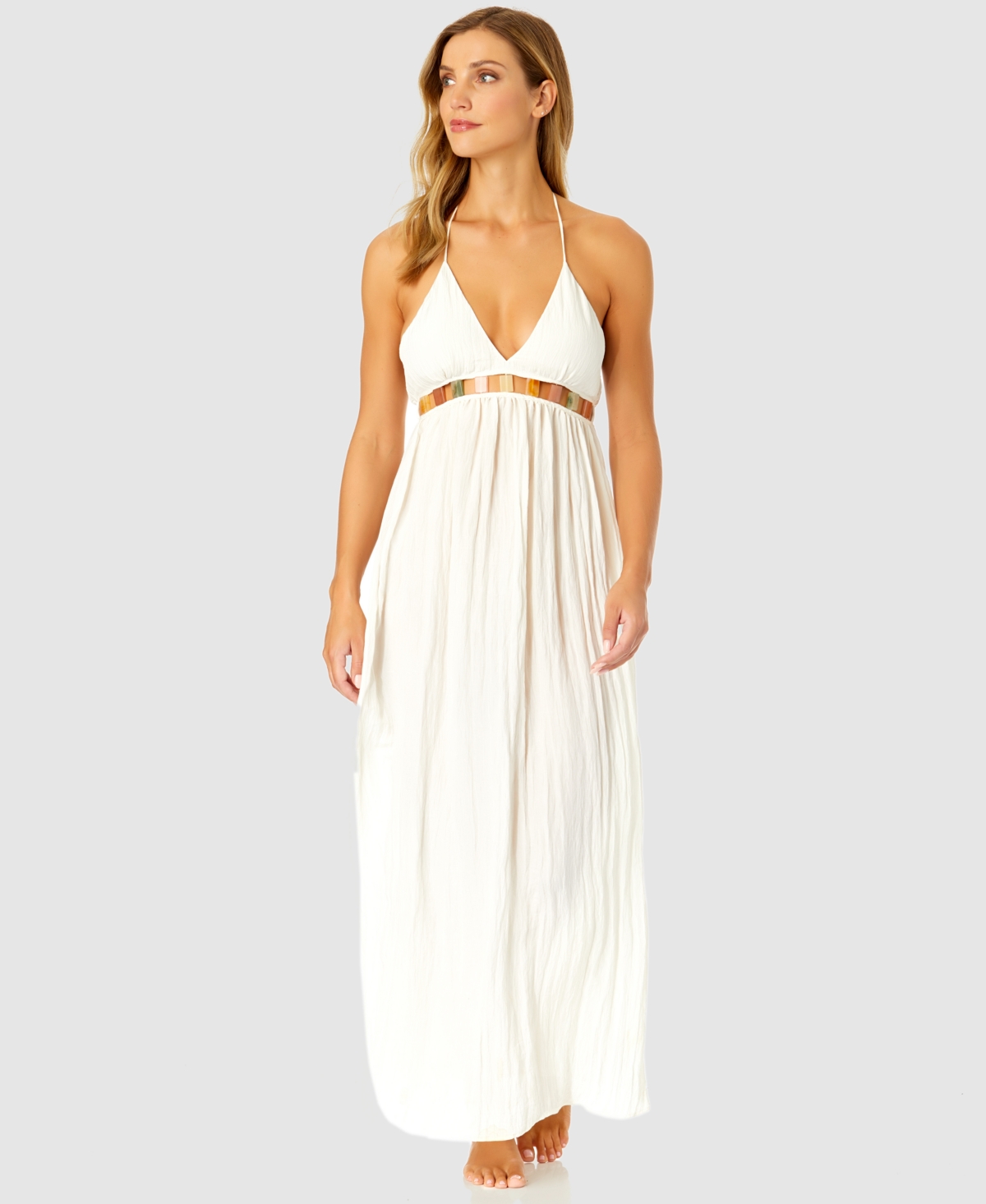 Ibiza Anne Cole Women's V-neck Jewel Halter Maxi Cover-up Dress In Gardenia White