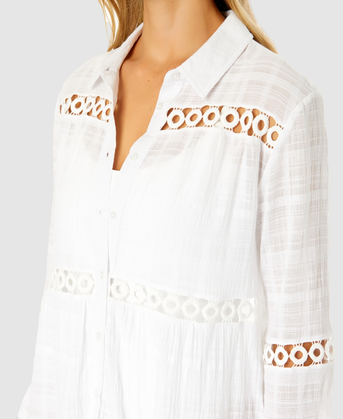 Ibiza Anne Cole Women's Button Up Bell Sleeve Crochet Trim Cover-up Tunic In Bright White