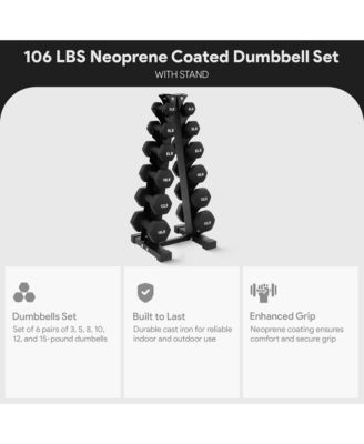 106 Pound Neoprene Coated Dumbbell Set with Stand, Black