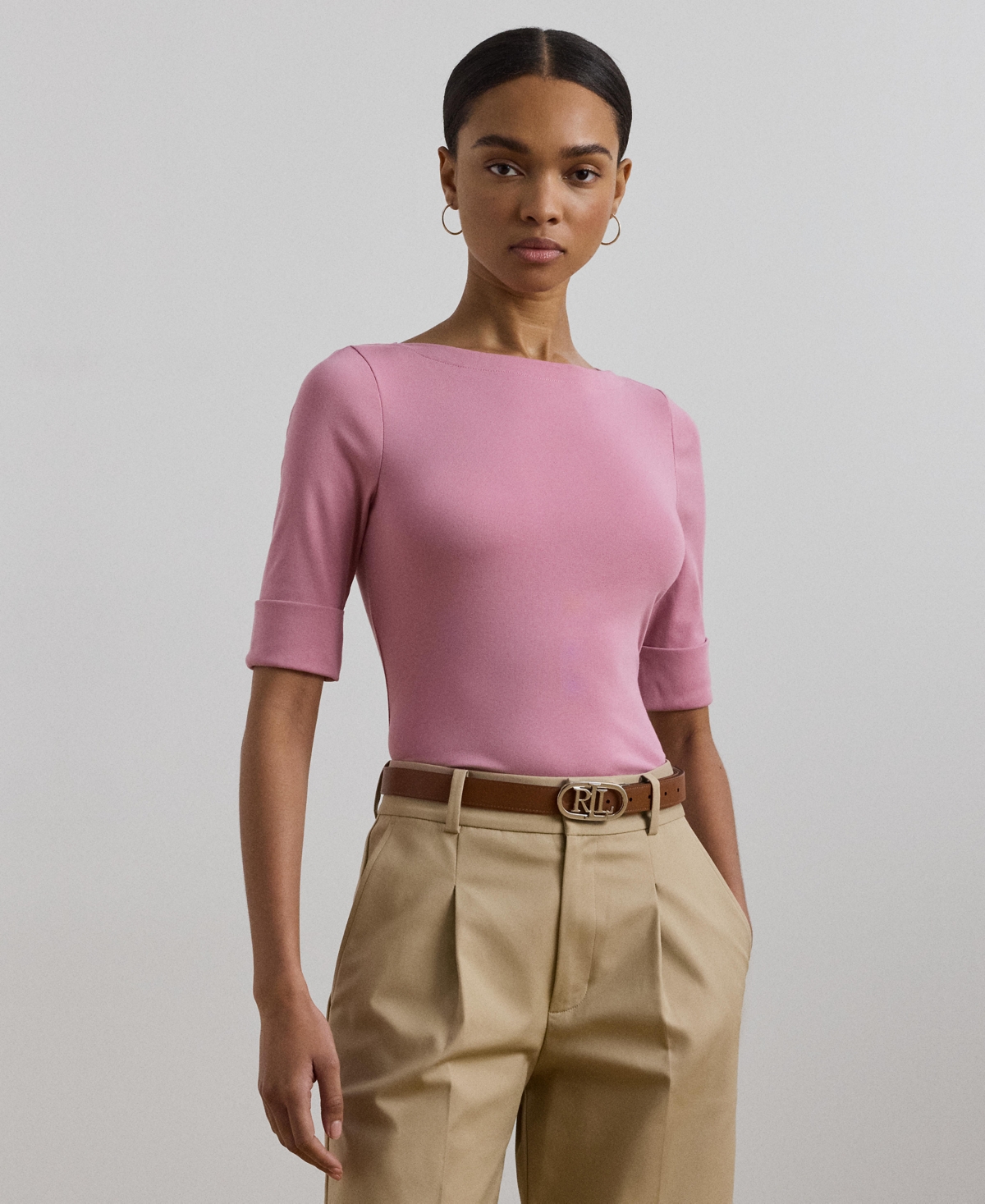 Shop Ralph Lauren Stretch Cotton Boatneck T-shirt In Rose Mauve