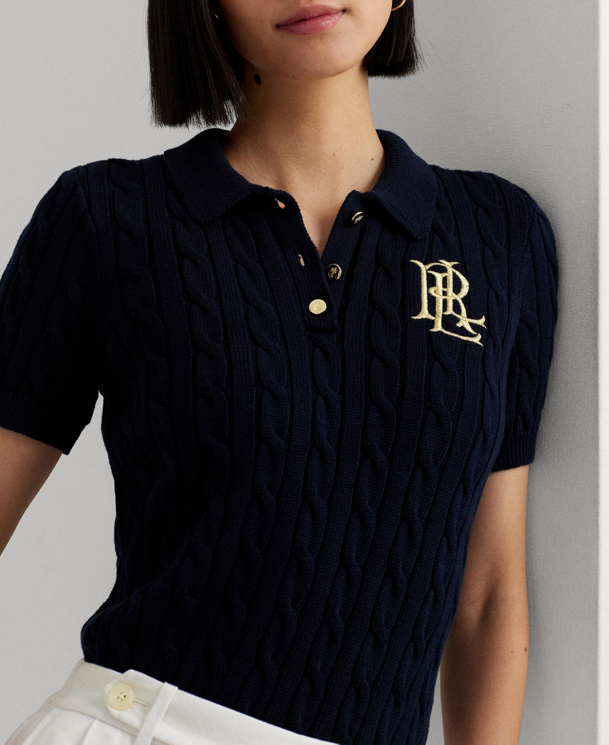 Shop Ralph Lauren Women's Cable-knit Polo Shirt In Lauren Navy