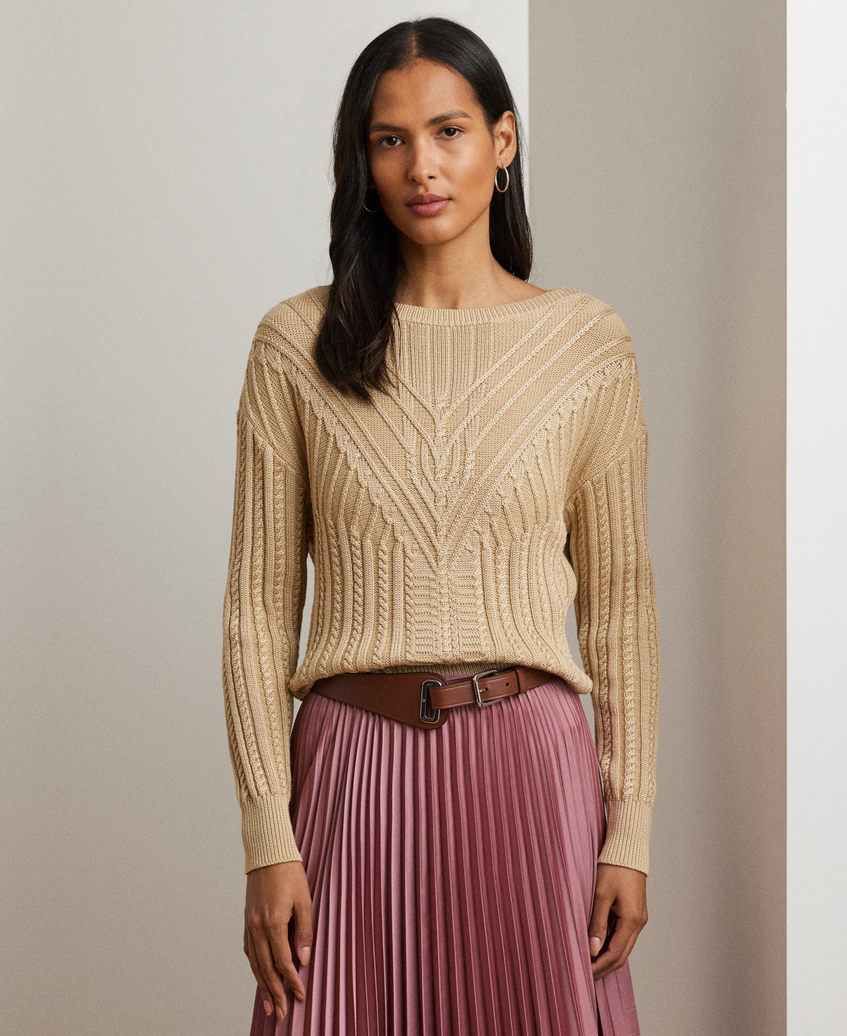 Women's Cable-Knit Cotton-Blend Boatneck Sweater, Regular & Petite - Sand Dune