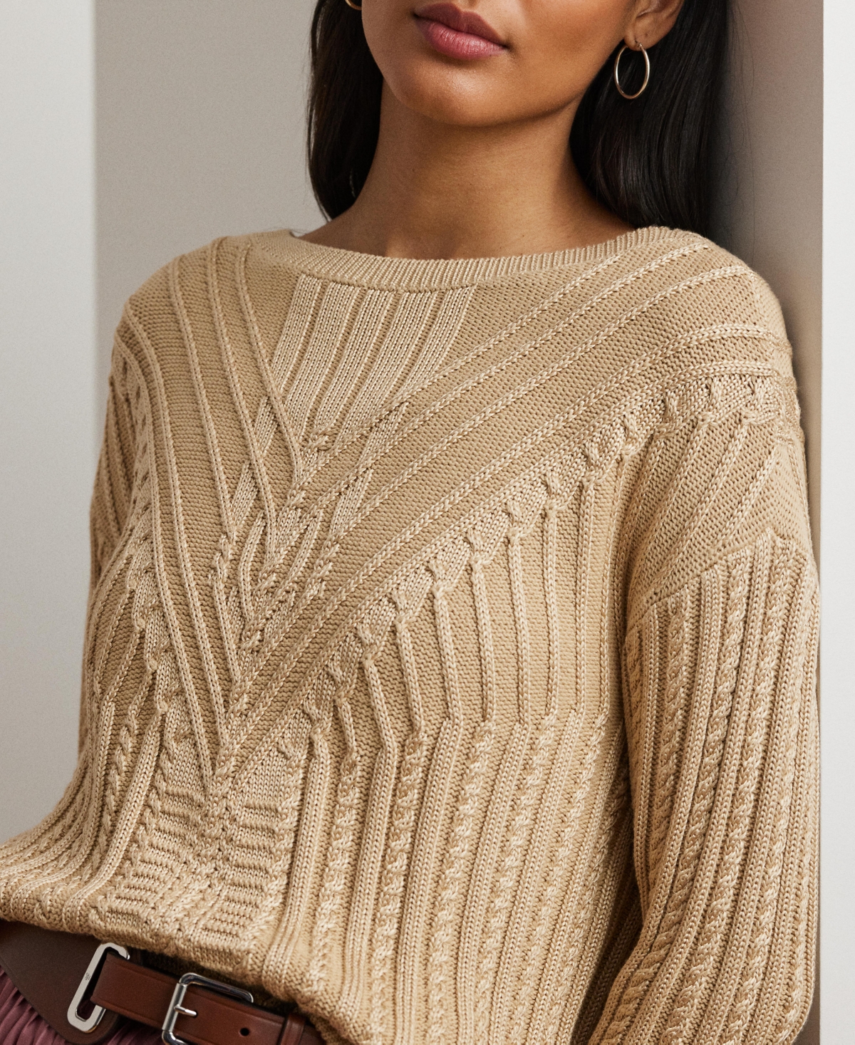 Ralph Lauren Cable-knit Cotton-blend Boatneck Sweater In Sand Dune