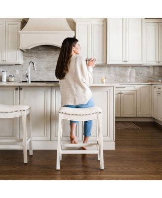 Adrien Saddle Bar Stool in White Oak Finish w/ Natural Fabric Upholstery, Set of 2