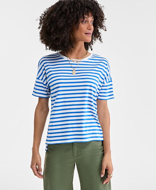 alfani On 34th Women's Knit Easy Short-Sleeve Striped T-Shirt Exclusively at Macy's Women's Fashion Shoes & Accessories
