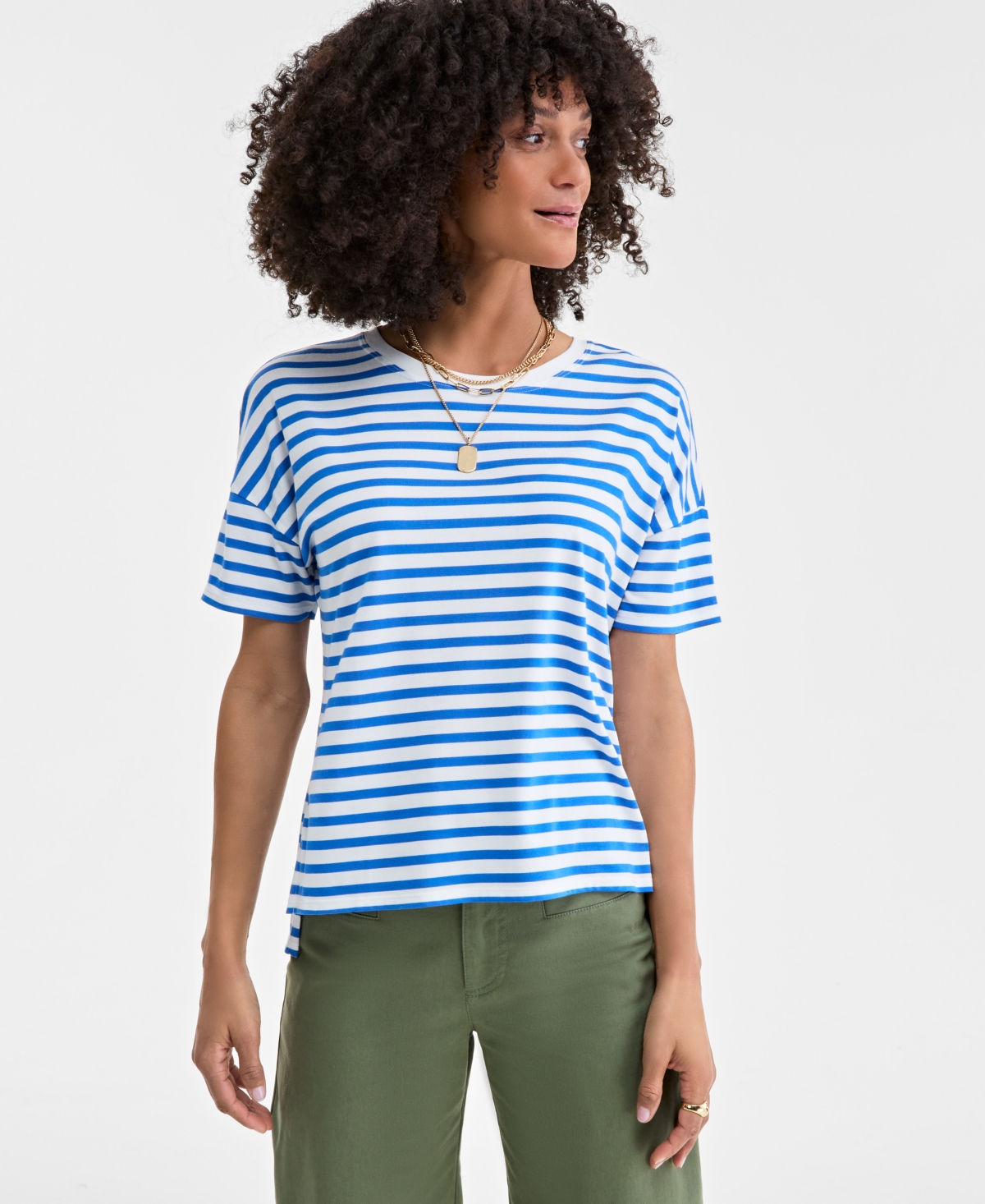 On 34th Women's Knit Easy Short-sleeve Striped T-shirt, Exclusively At Macy's In Beach Blue