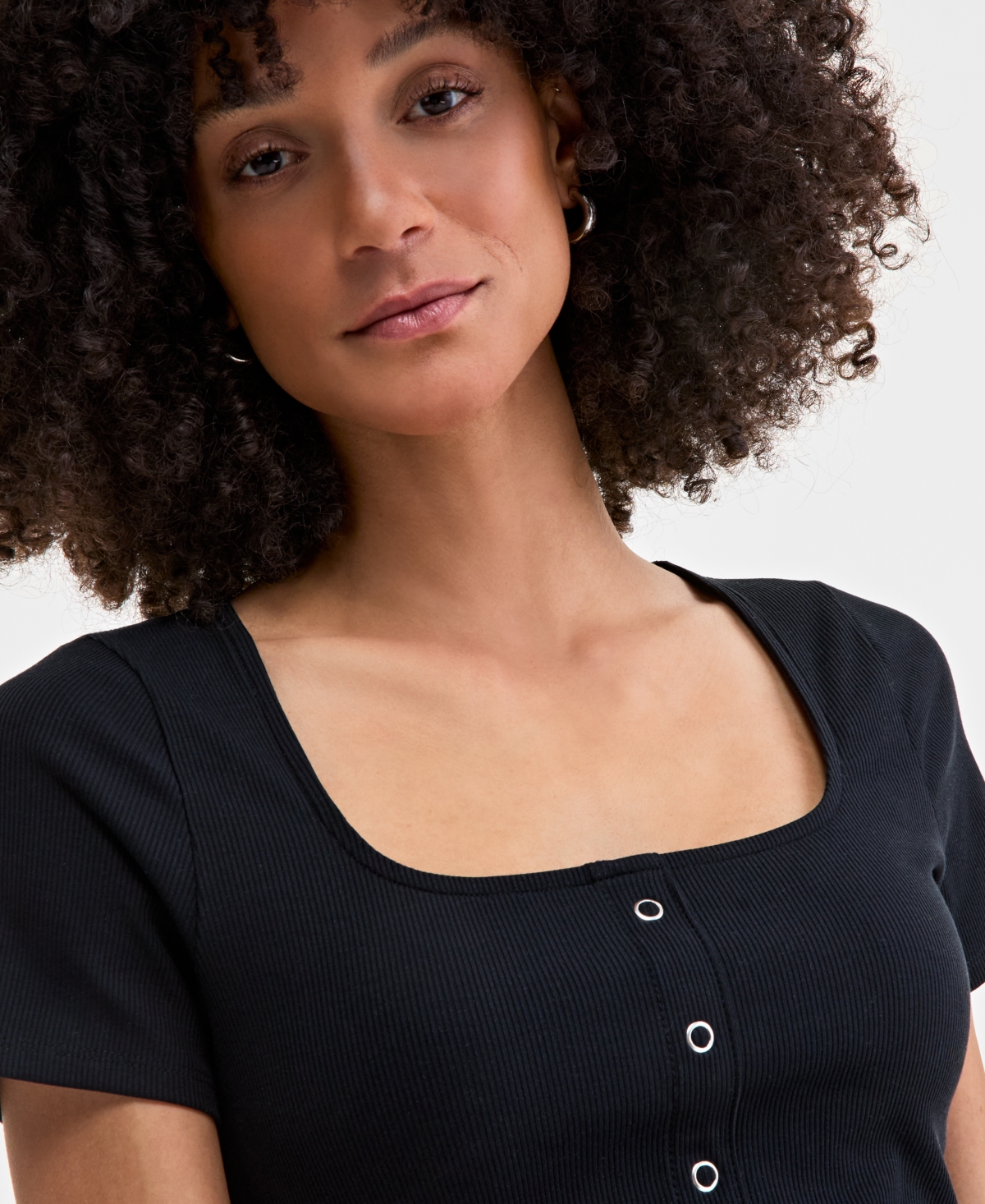 On 34th Women's Snap-front Rib-knit Top, Exclusively At Macy's In Deep Black