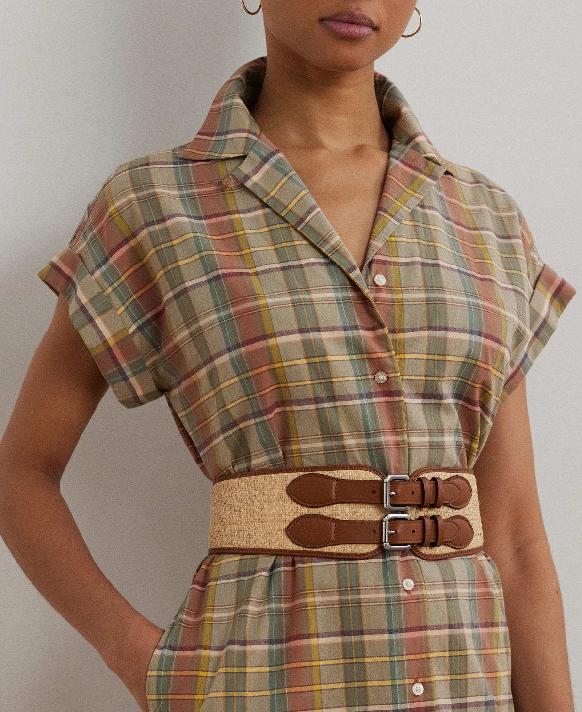 Shop Ralph Lauren Women's Belted Cotton Madras Shirtdress In Green,tan,blue Multi