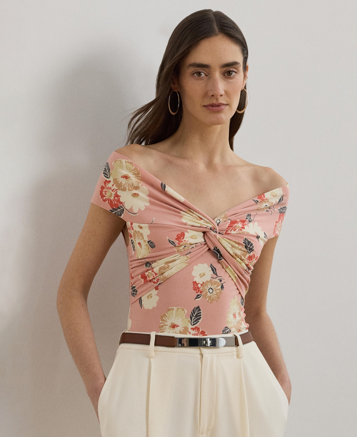 Ralph Lauren Floral Twist-front Off-the-shoulder Top In Pink Multi