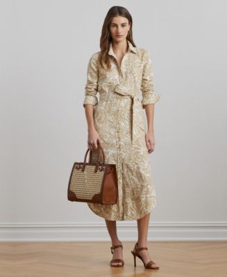 chinese dress ladies Navy and Sand Floral Linen Shirt Dress