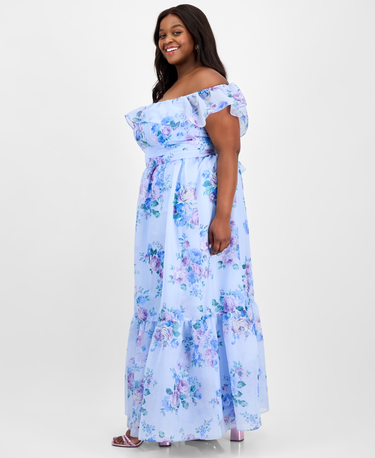 B Darlin Trendy Plus Size Off-the-shoulder Floral-print Gown In Blue
