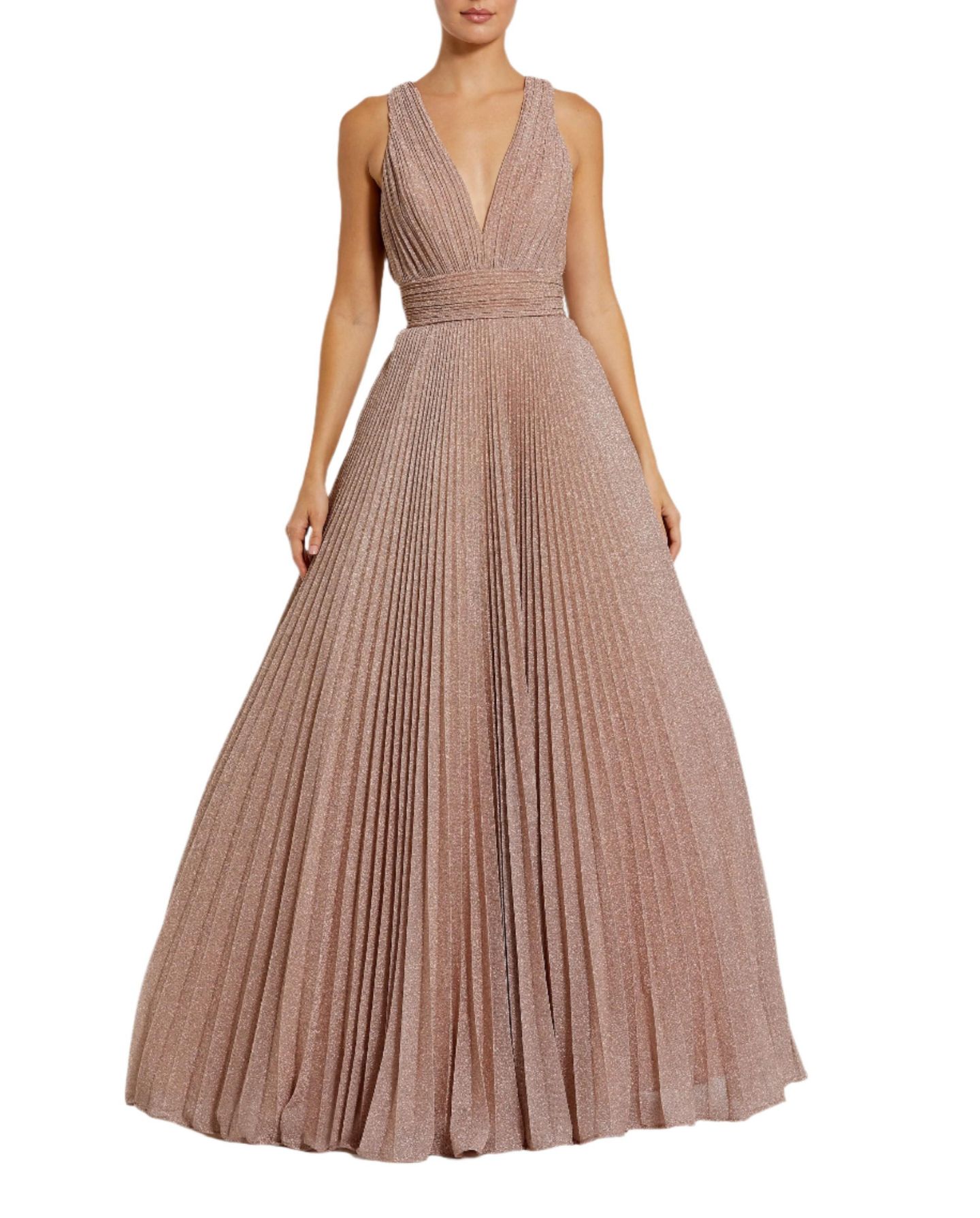 Женское платье Mac Duggal Shimmering Georgette Pleated Sleeveless Gown, цвет: Розовое золото — фото 4
