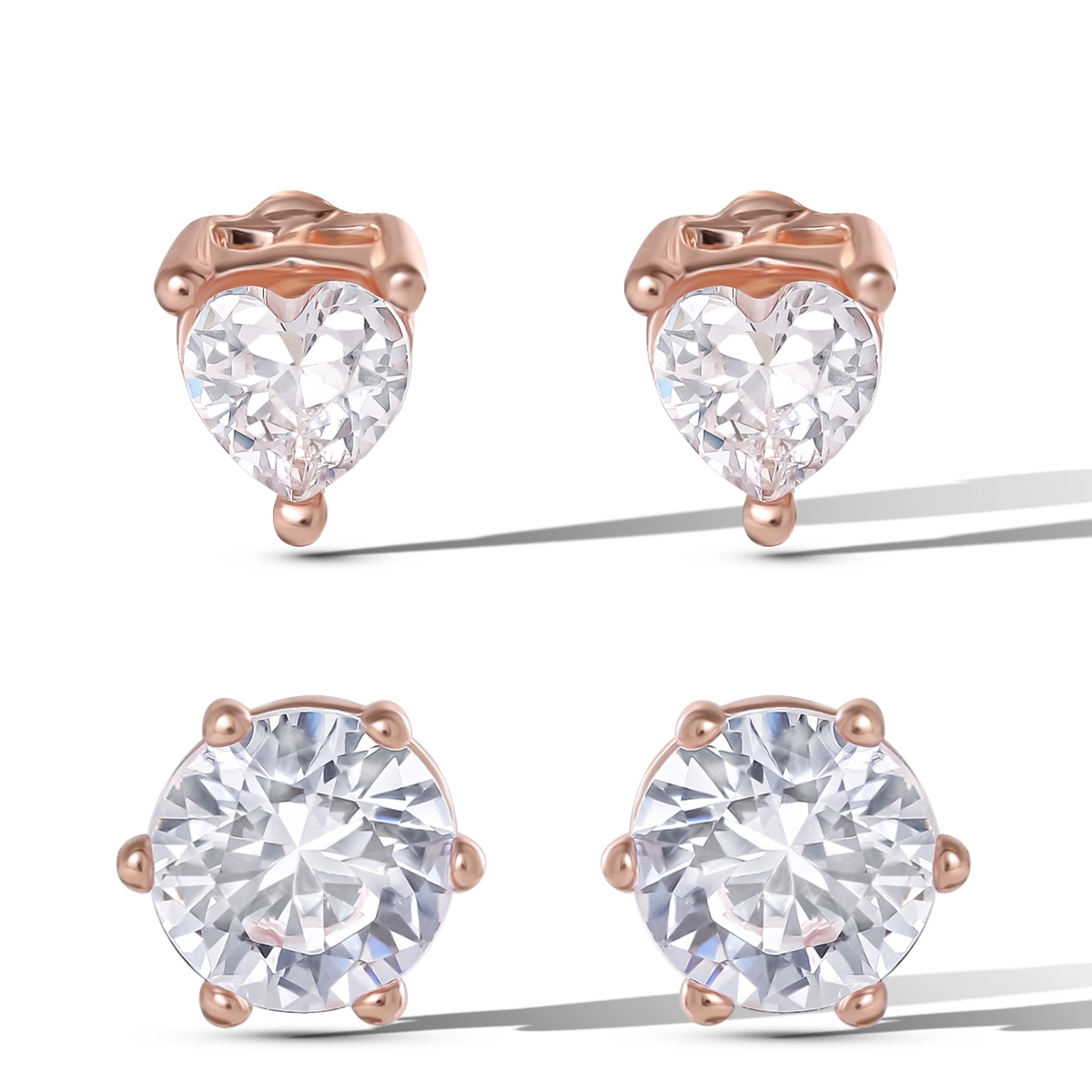 Heart and Round Crystal Stud Earring Set - 2 Pairs - Gold tone