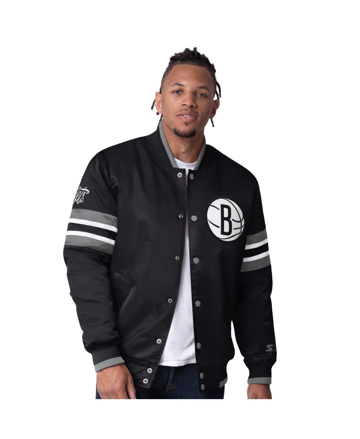 Men's Black Brooklyn Nets Scout Varsity Satin Full-Snap Jacket - Black