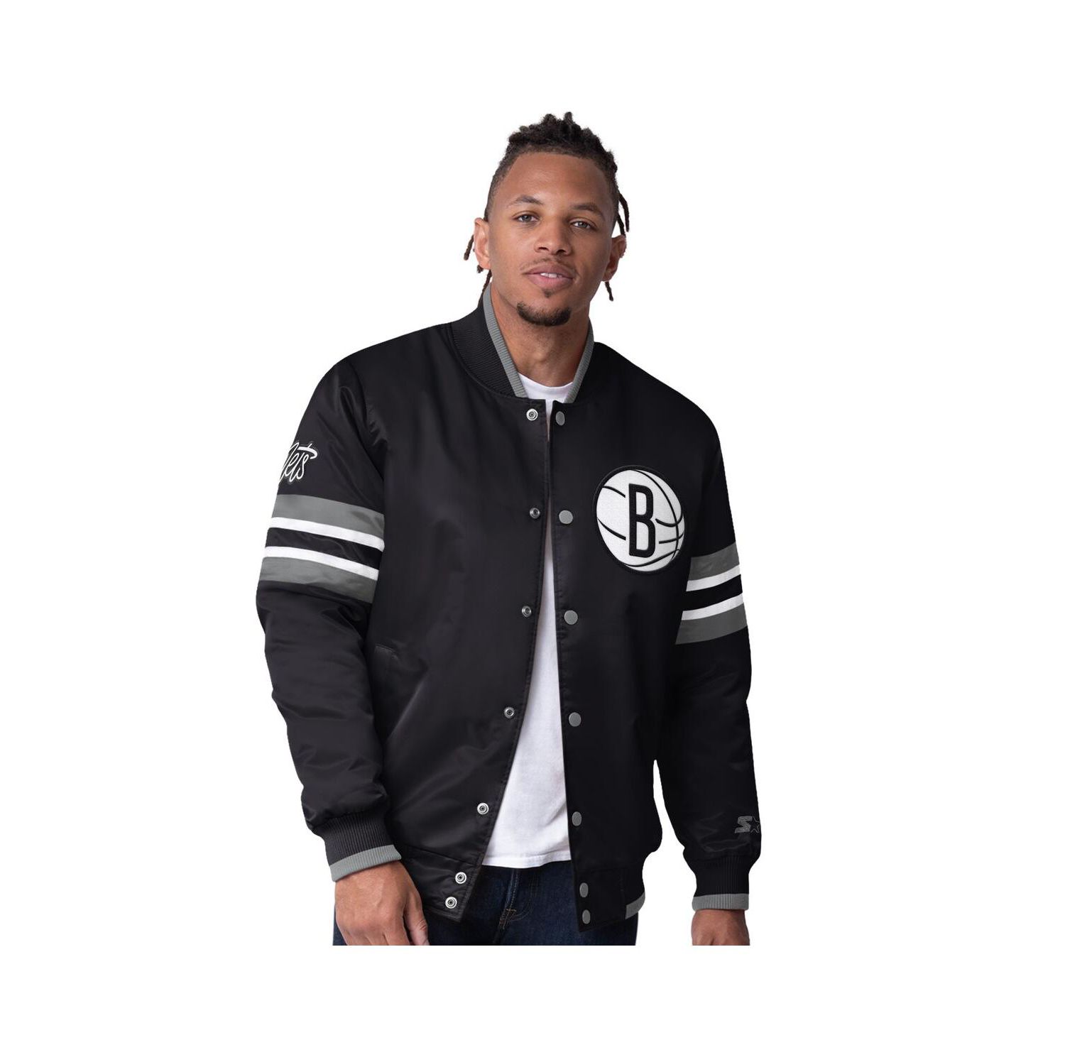 Men's Black Brooklyn Nets Scout Varsity Satin Full-Snap Jacket