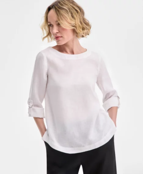 Petite 100% Linen Cuffed Top - Bright White