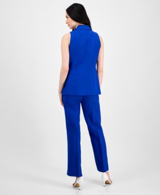 Anne Klein Womens Sleeveless Notched Collar Blazer High Rise Side Tab Pull On Pants In Santorini Blue