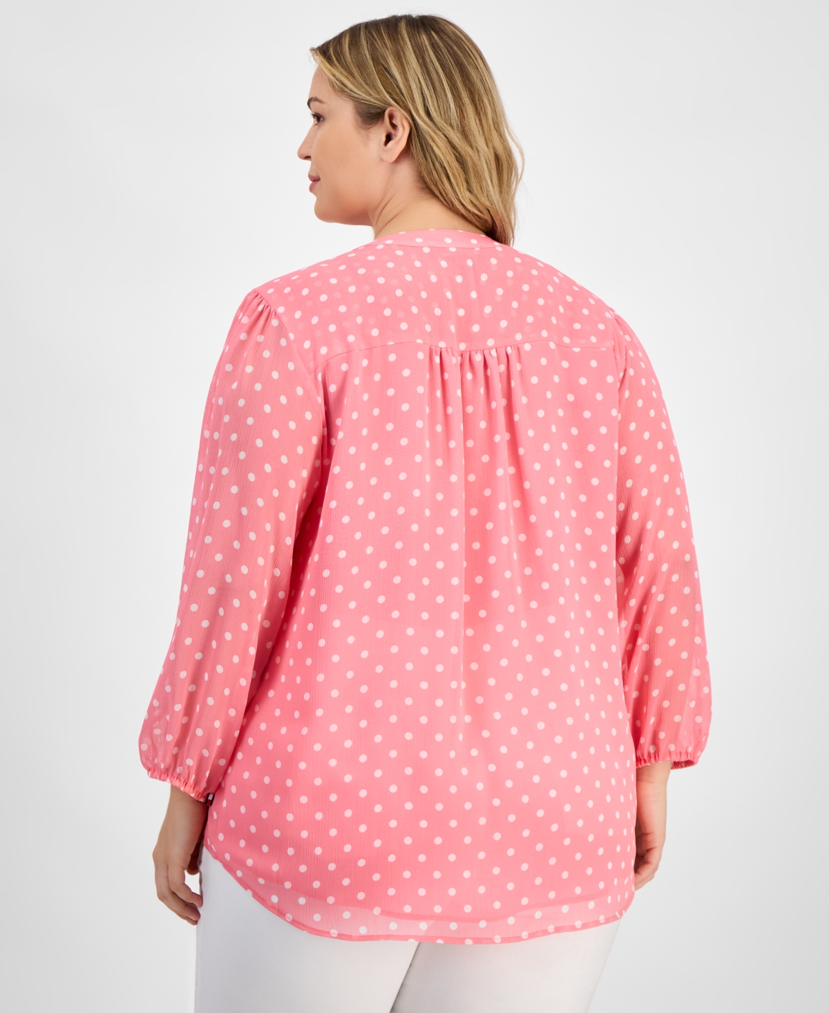Tommy Hilfiger Plus Size Dot Print Pintuck 3/4-sleeve Top In Peony,ivory