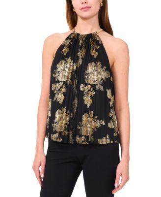 MSK - Women's Metallic Floral-Print Pleated Top