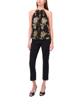 Women's Metallic Floral-Print Pleated Top