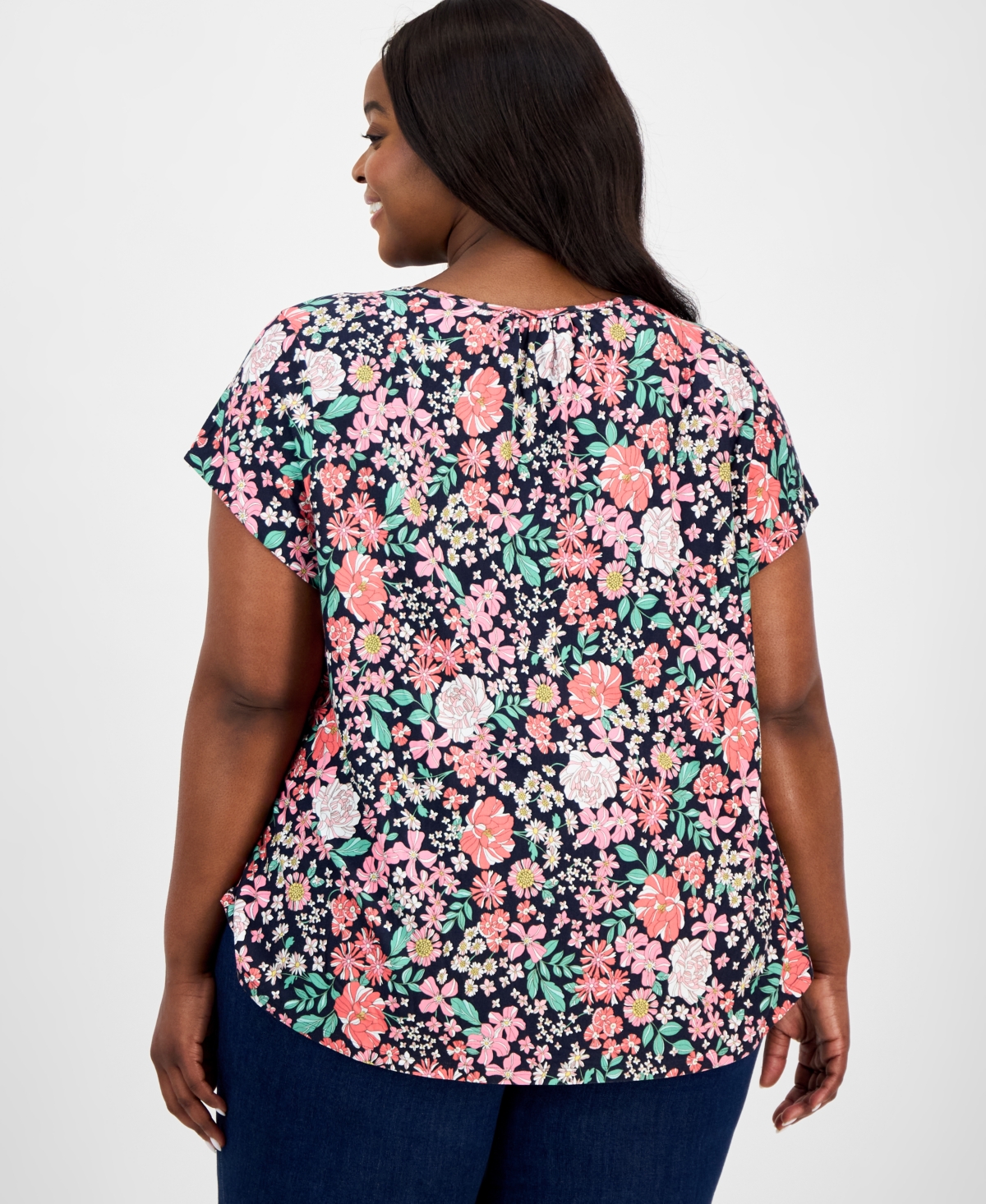 Shop Tommy Hilfiger Plus Size Floral-print Pintucked Top, Exclusively At Macy's In Sky Captain Multi