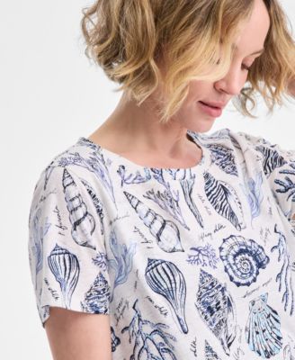 Charter Club Women's Printed Crewneck Short-Sleeve Linen-Blend Top, Exclusively at Macy's