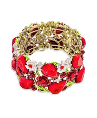 Wide Red Crystal Flower Cuff Bracelet in Oxidized Gold Plating Flexible Design