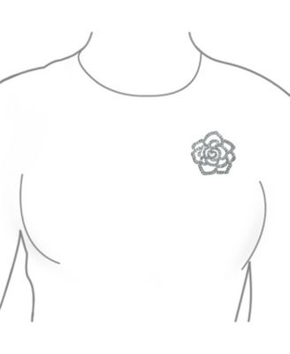 Sparkling Rose Flower Brooch Pin with Crystals Silver Tone Rhodium Plated