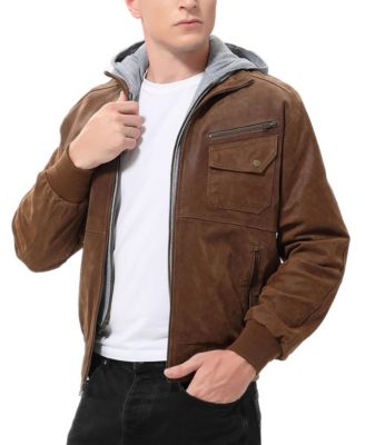 Men Civic Distressed Leather Bomber Jacket - Tall