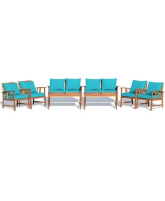 8PCS Wooden Patio Furniture Set Table Sofa Chair Cushioned Garden