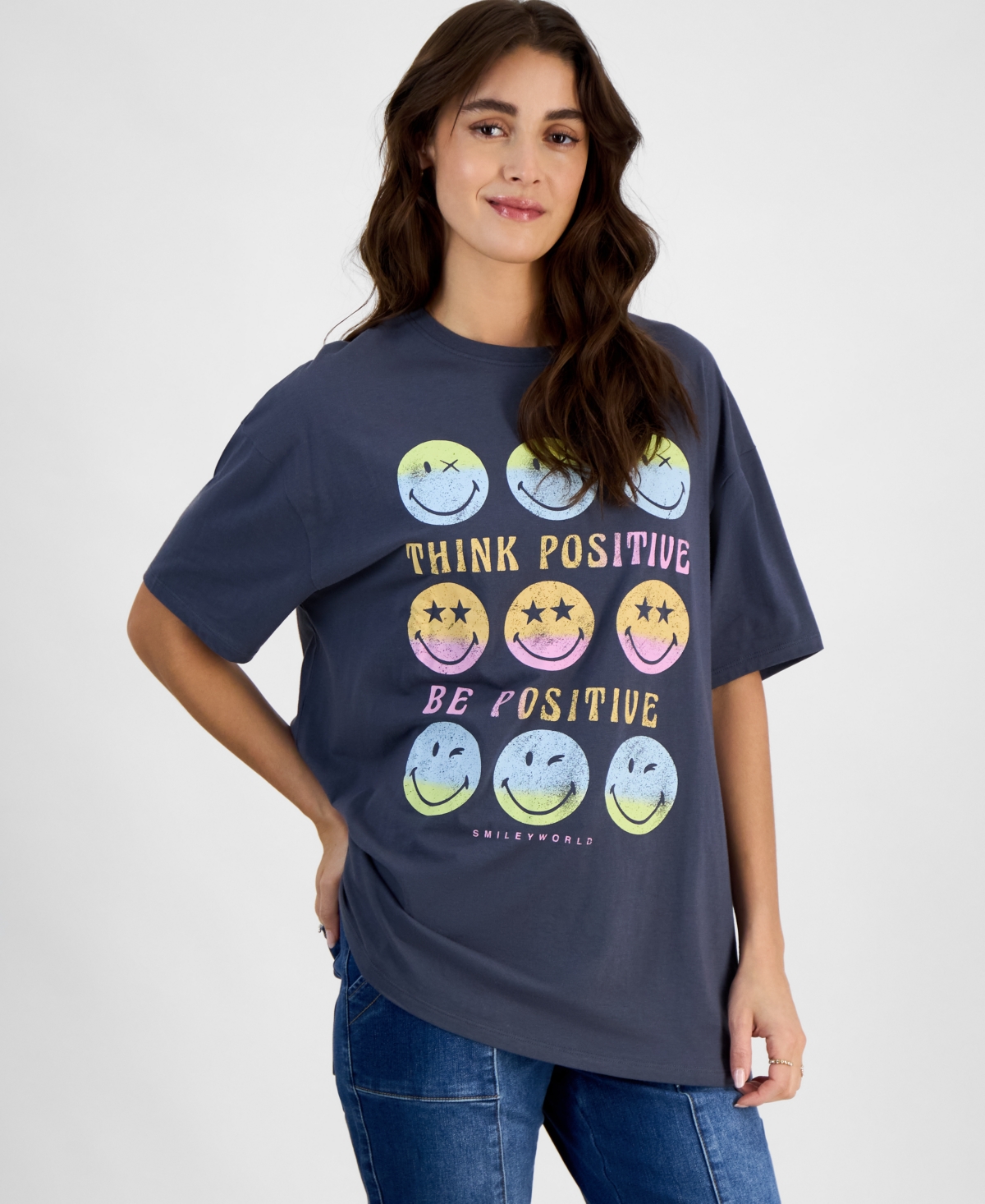 Juniors' Smiley World Grid T-Shirt - Turbulence