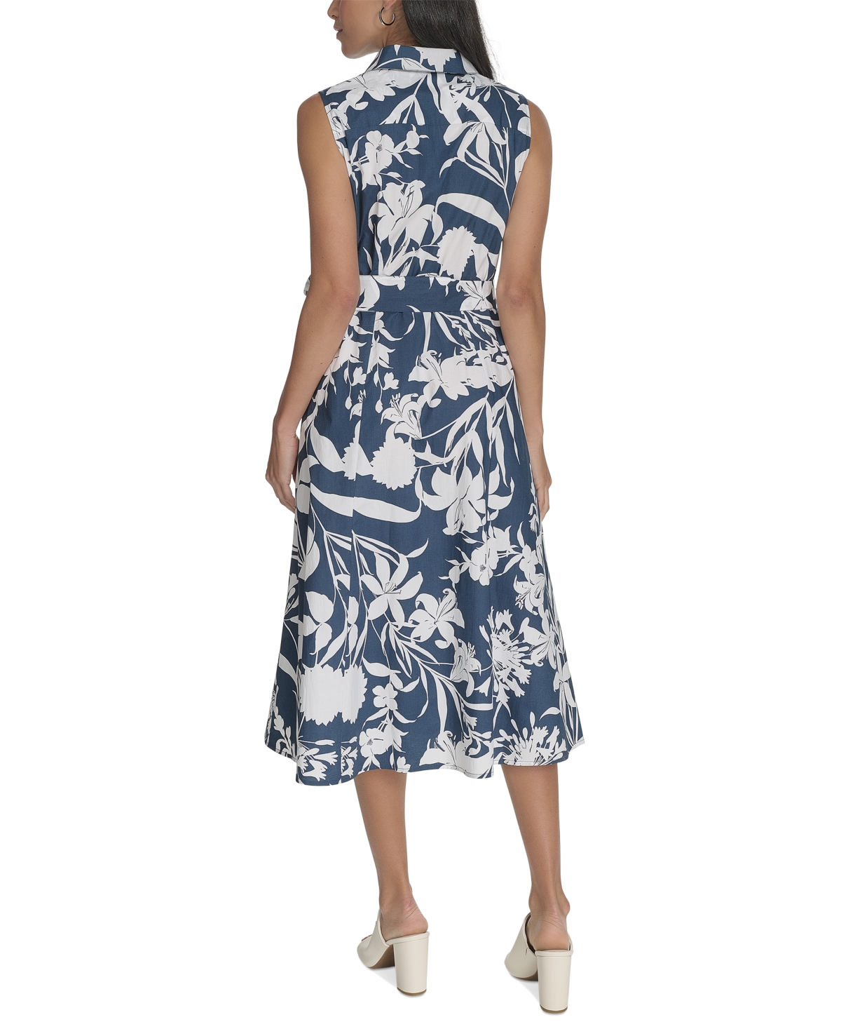 Calvin Klein Floral Sleeveless Cotton Shirtdress In Indigo Multi