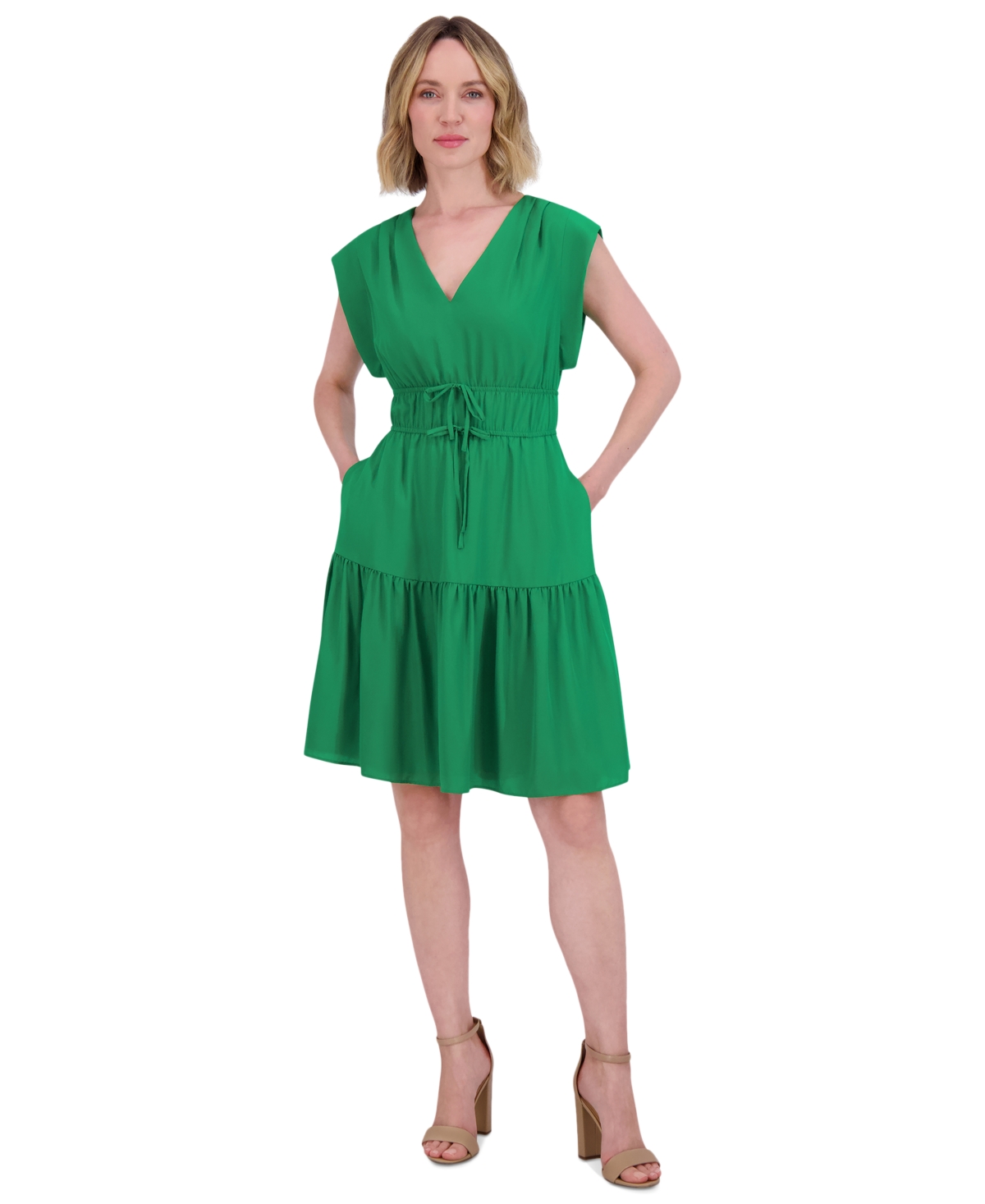 Petite V-Neck Cap-Sleeve Tiered Dress - Med Green