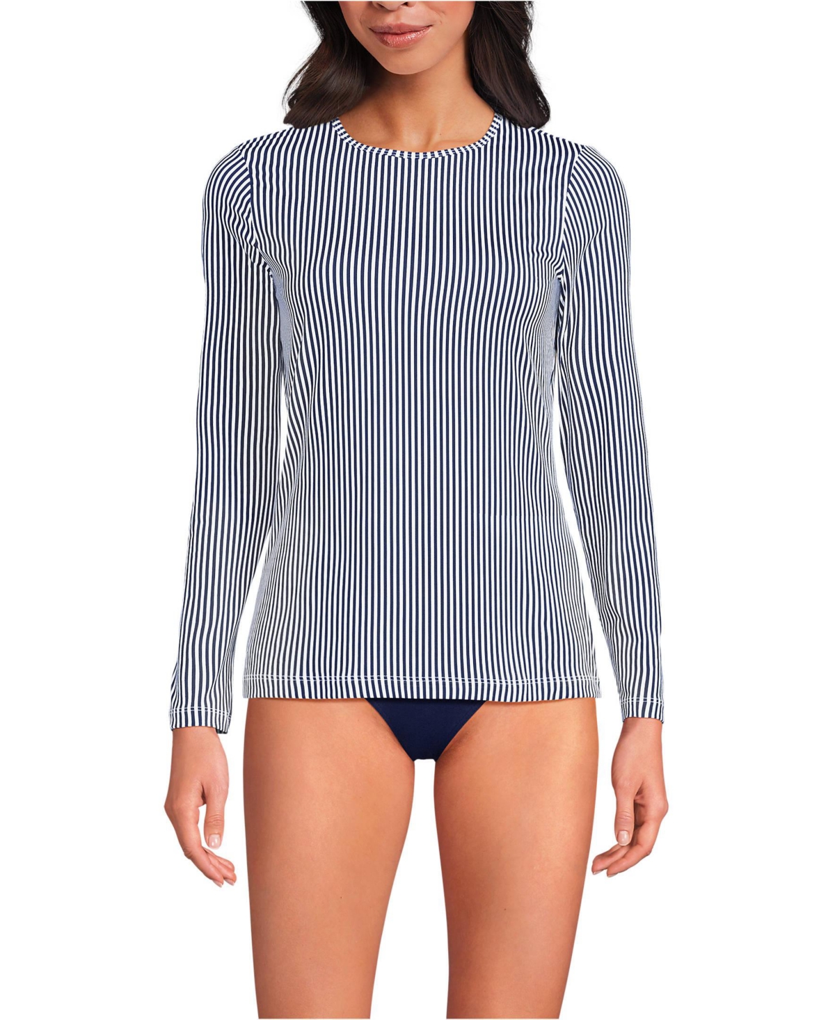 Lands' End Women's SunShade Upf 50 Long Sleeve Relaxed Rash Guard - Deep sea navy mini stripe