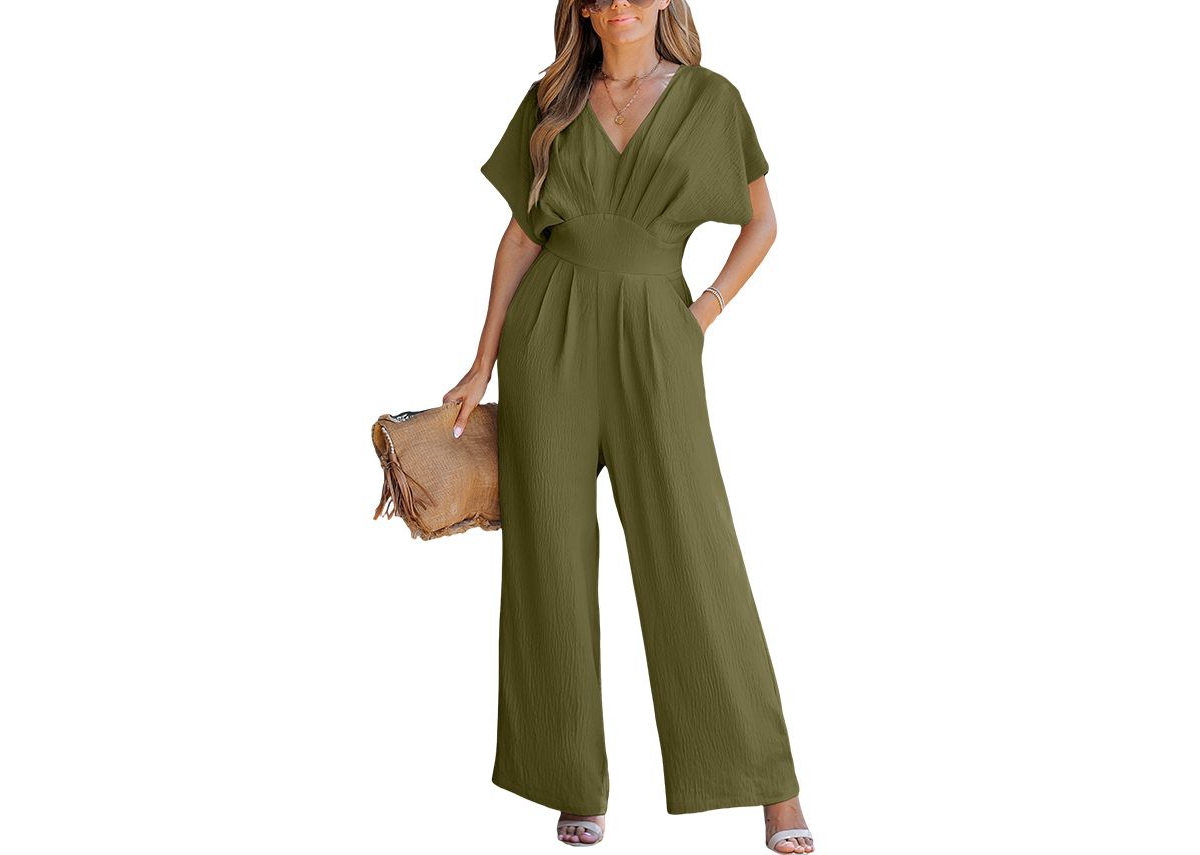 Cupshe Women's V-Neck Short Sleeve Straight Leg Jumpsuit - Green