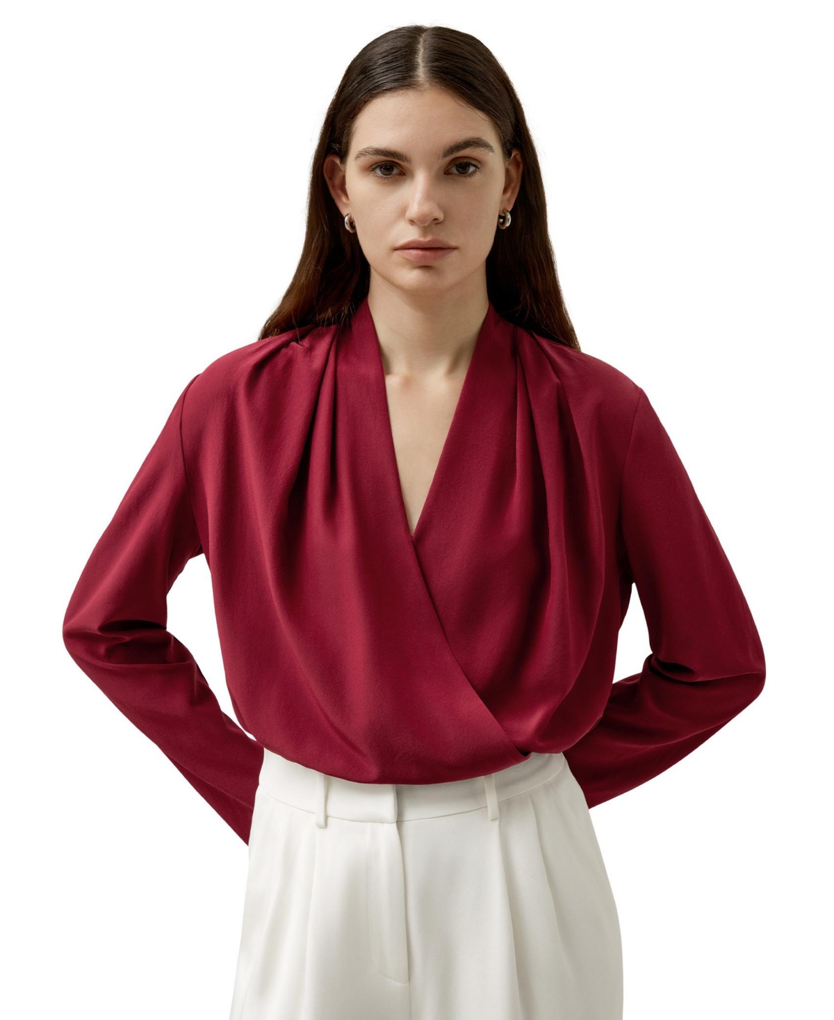 Women's Silk Crepe de Chine Long Sleeve Blouse - Cherry red