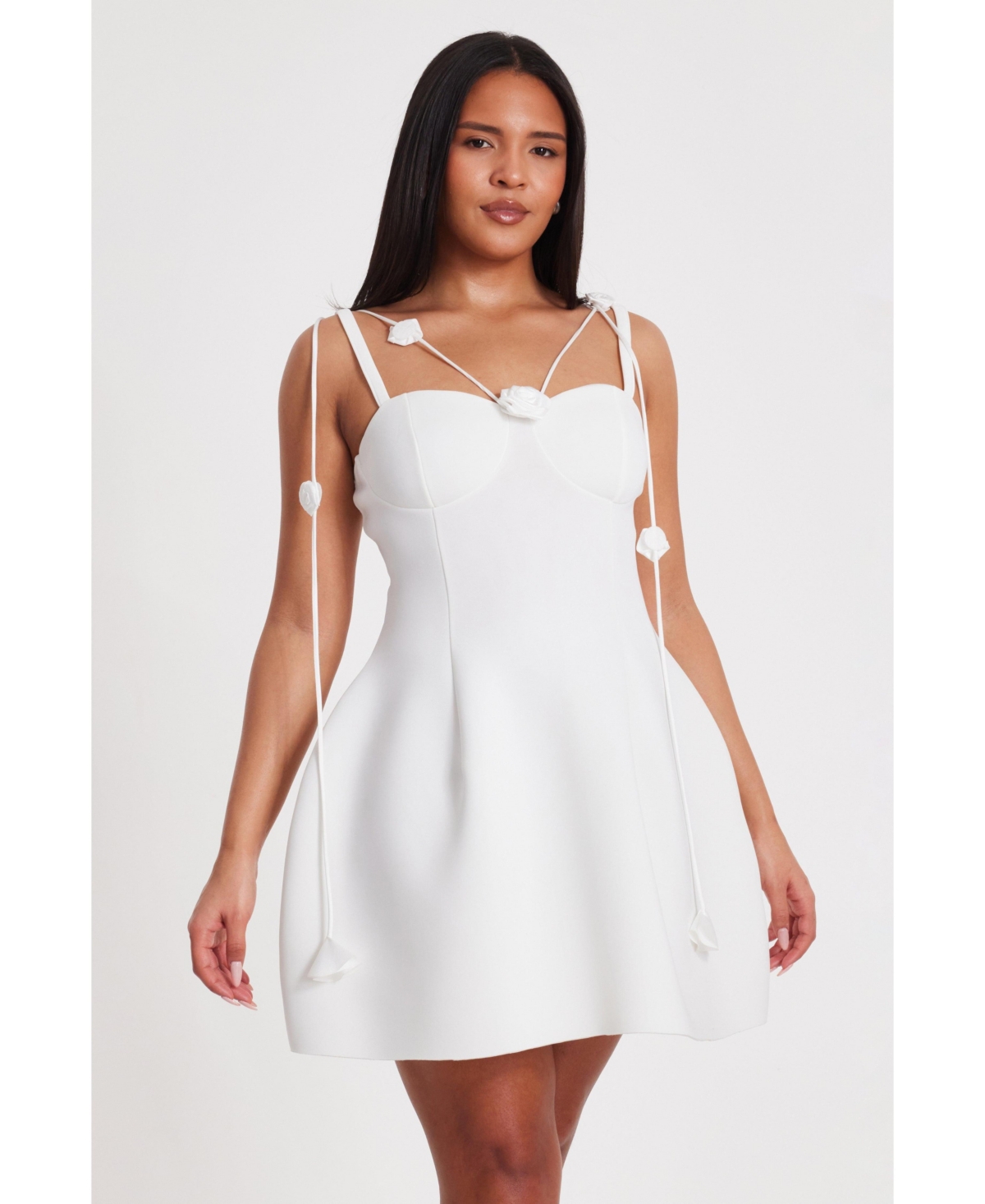 Women's Mini Scuba Foam Dress With Trailing Floral Trim - White
